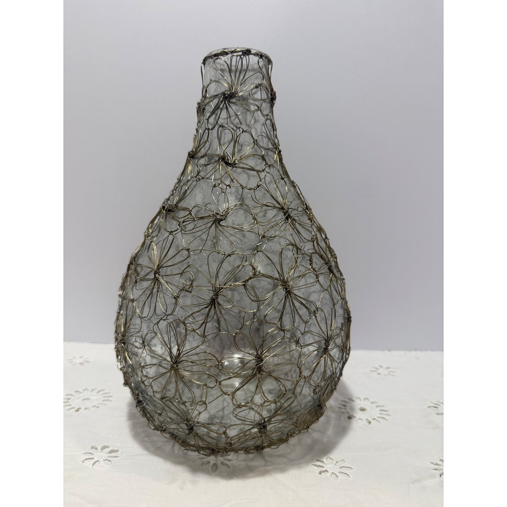 Vintage Wire Wrapped Floral Mesh Glass Vase Teardrop Seeded Glass Centerpiece